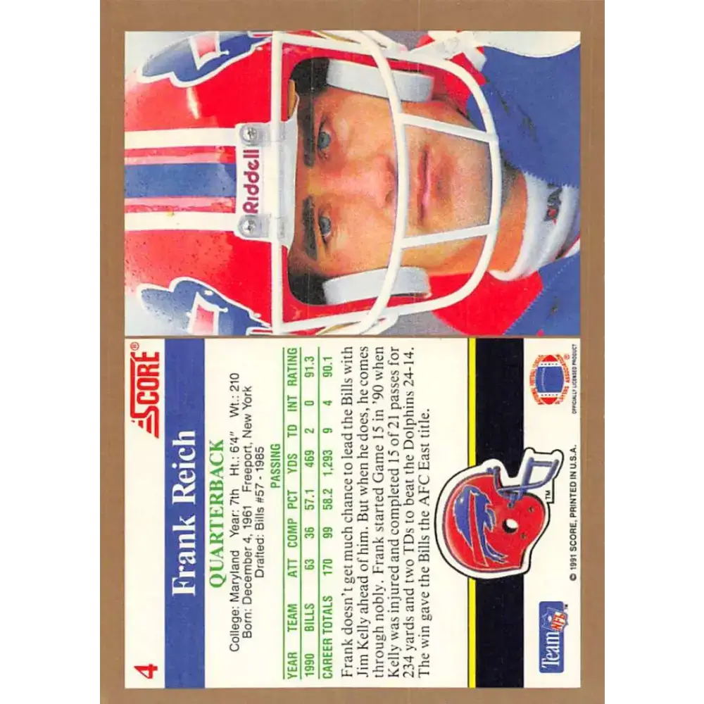 1991 Score #4 Frank Reich EX Excellent Buffalo Bills Football Card - Football Card Single