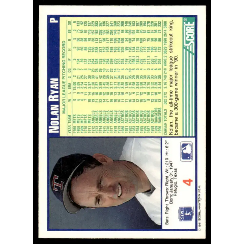 1991 Score #4 Nolan Ryan EX/NM Texas Rangers Baseball Card - Baseball Card Single