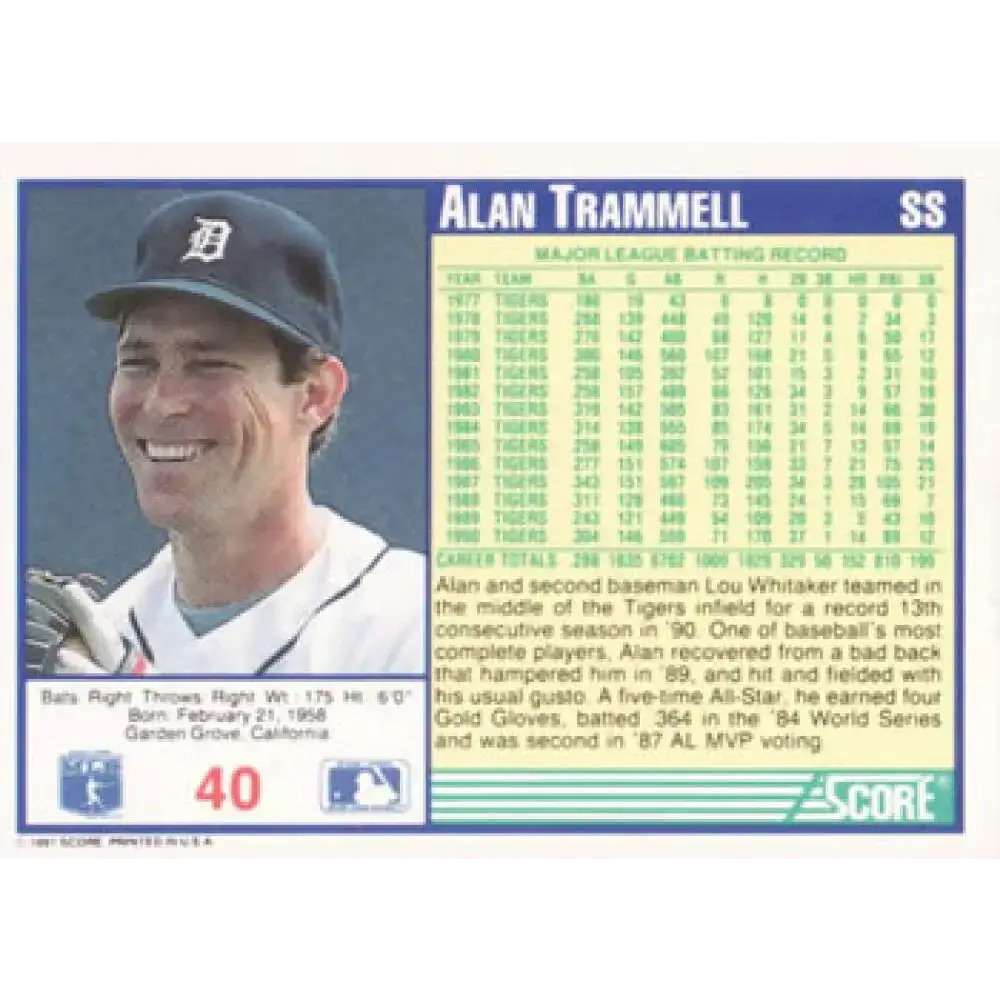 1991 Score #40 Alan Trammell NM-MT Detroit Tigers Baseball Card - Baseball Card Single