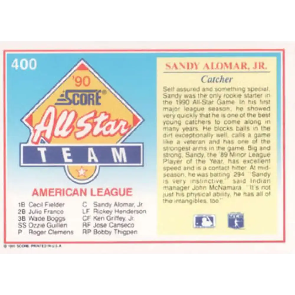 1991 Score #400 Sandy Alomar Jr. AS NM-MT Cleveland Indians Baseball Card - Baseball Card Single