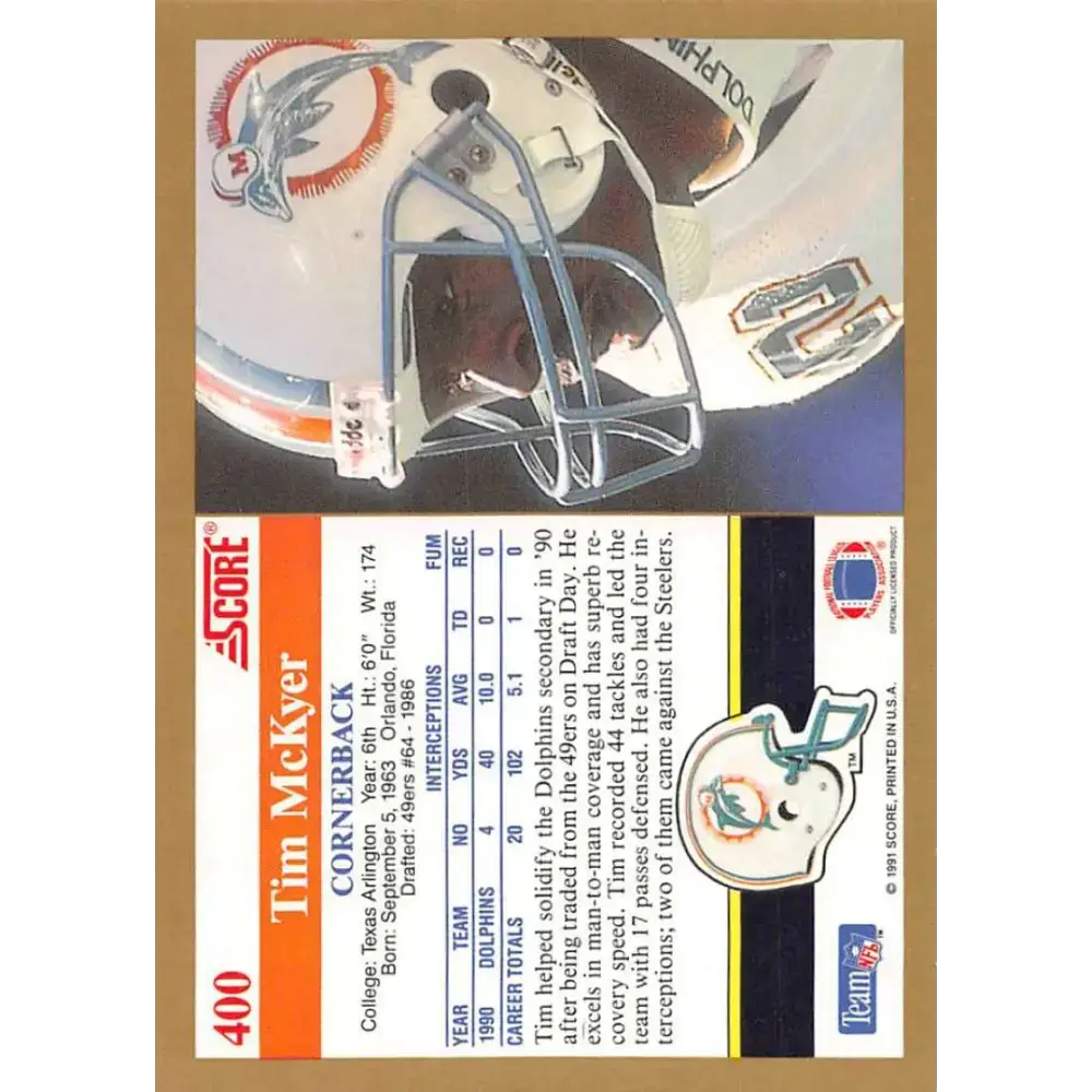 1991 Score #400 Tim McKyer EX Excellent Miami Dolphins Football Card - Football Card Single