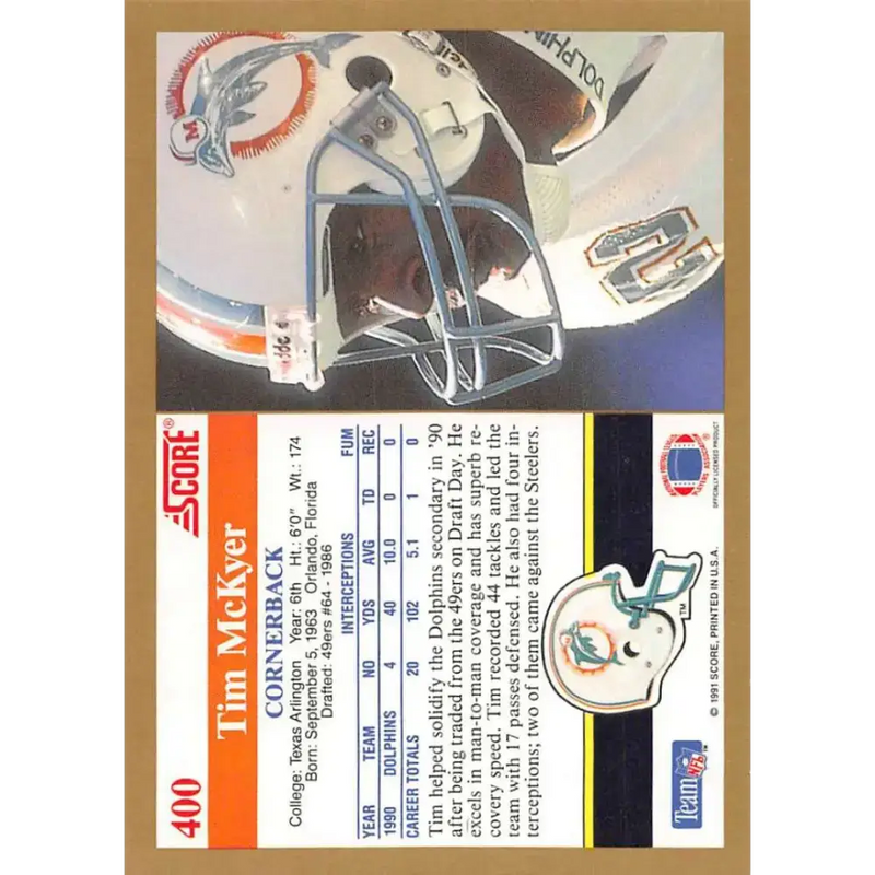 1991 Score #400 Tim McKyer EX Excellent Miami Dolphins Football Card - Football Card Single
