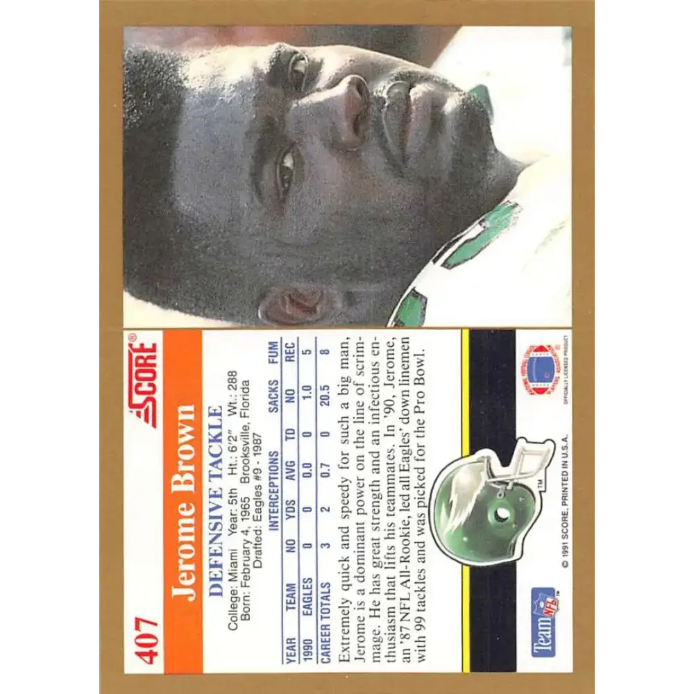 1991 Score #407 Jerome Brown EX Excellent Philadelphia Eagles Football Card - Football Card Single