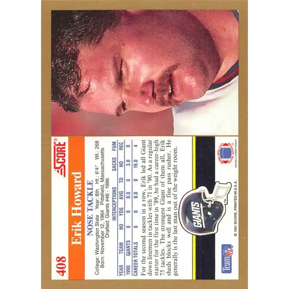 1991 Score #408 Erik Howard EX Excellent New York Giants Football Card - Football Card Single