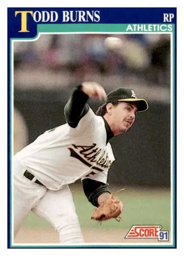 Original gloss Todd Burns baseball card from 1991 Score #41 displayed with Simply Sandoval