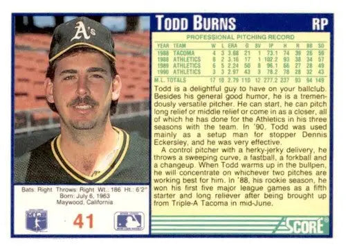 1991 Score Todd Burns baseball card with original gloss featuring Todd Burns and Simply Sandoval