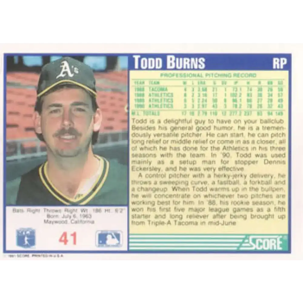 1991 Score #41 Todd Burns NM-MT Oakland Athletics Baseball Card - Baseball Card Single