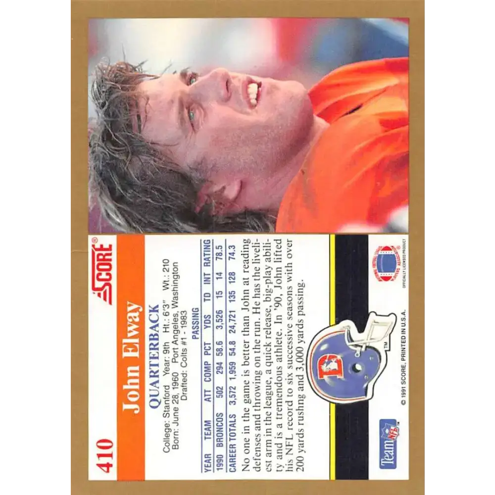 1991 Score #410 John Elway EX Excellent Denver Broncos Football Card - Football Card Single