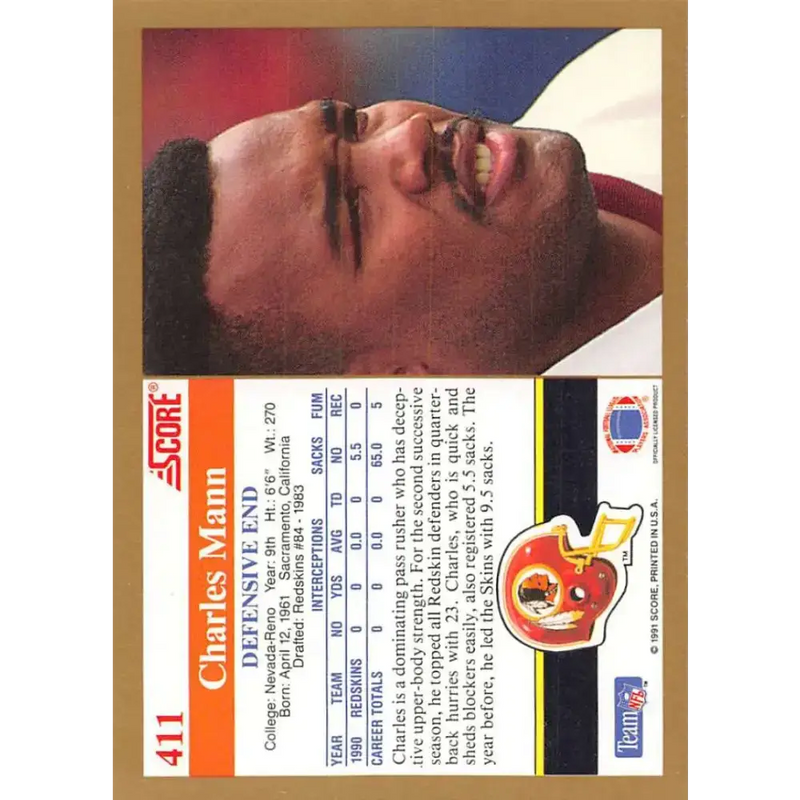 1991 Score #411 Charles Mann EX Excellent Washington Redskins Football Card - Football Card Single