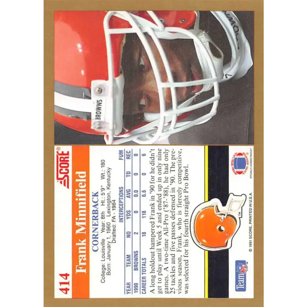 1991 Score #414 Frank Minnifield EX Excellent Cleveland Browns Football Card - Football Card Single