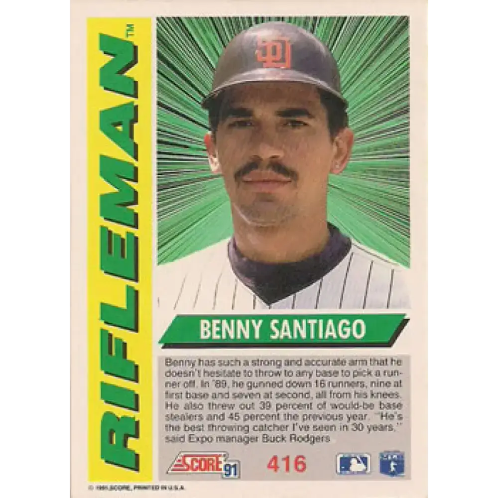 1991 Score #416 Benito Santiago NM-MT San Diego Padres Baseball Card - Baseball Card Single