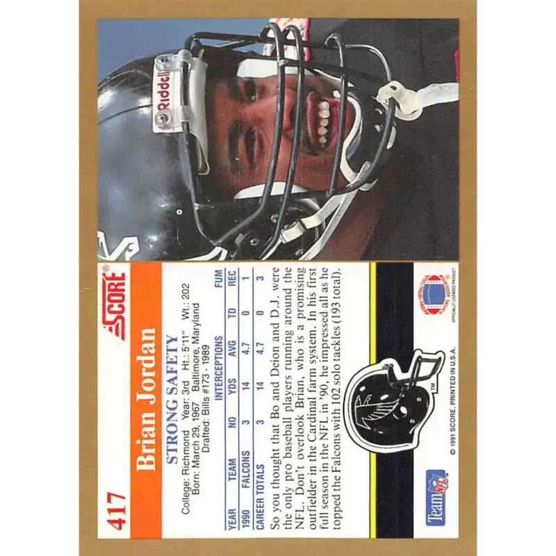 1991 Score #417 Brian Jordan EX Excellent Atlanta Falcons Football Card - Football Card Single