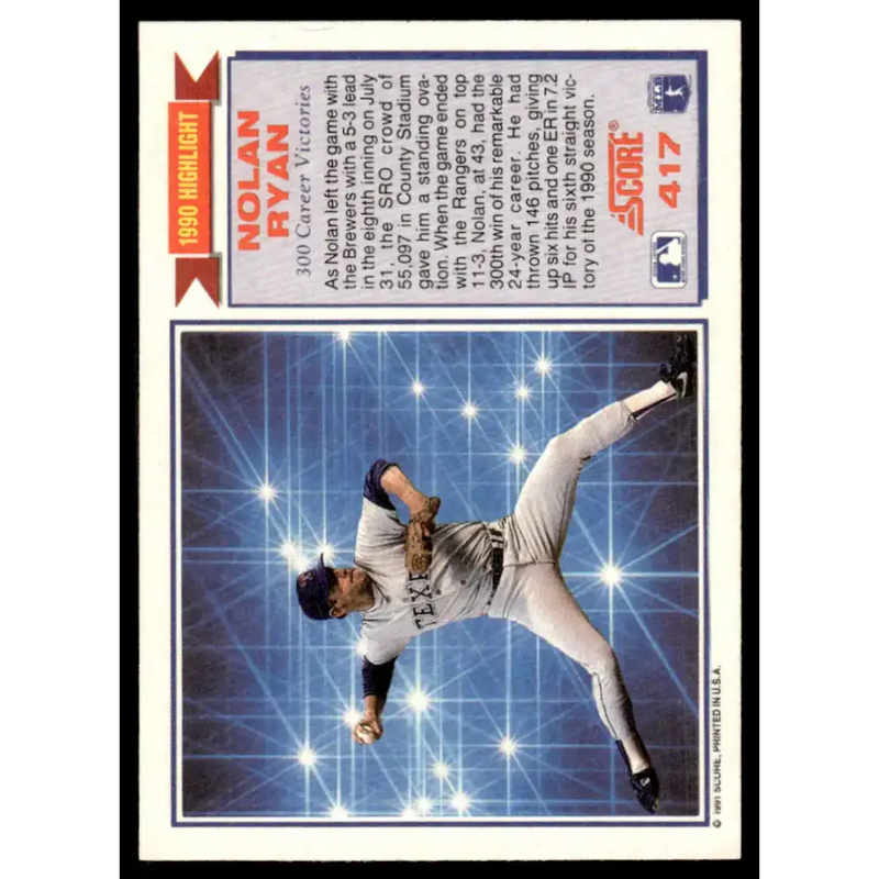 1991 Score #417 Nolan Ryan EX/NM Texas Rangers Baseball Card - Baseball Card Single