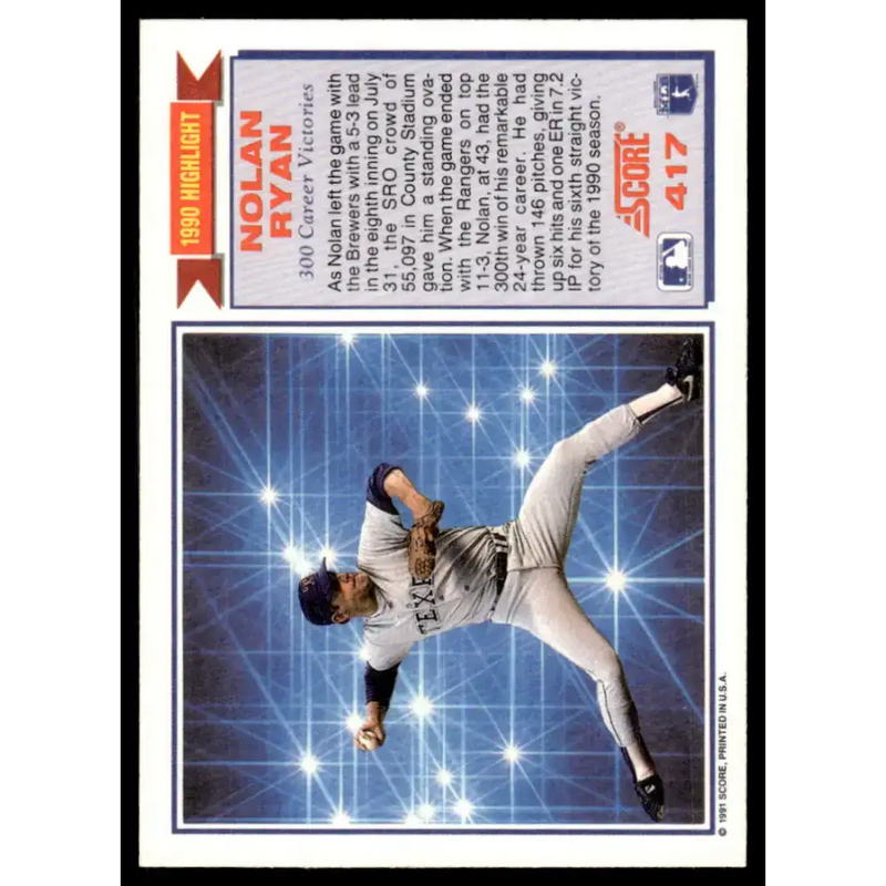 1991 Score #417 Nolan Ryan EX/NM Texas Rangers Baseball Card - Baseball Card Single