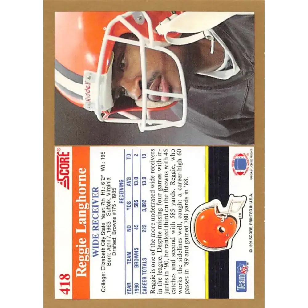 1991 Score #418 Reggie Langhorne EX Excellent Cleveland Browns Football Card - Football Card Single