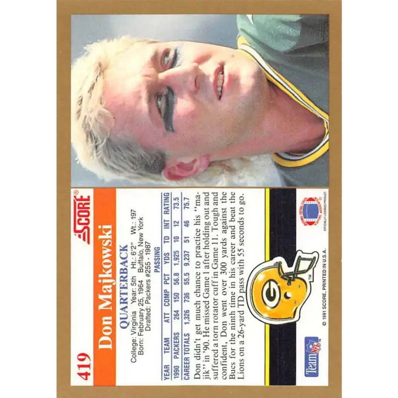 1991 Score #419 Don Majkowski EX Excellent Green Bay Packers Football Card - Football Card Single