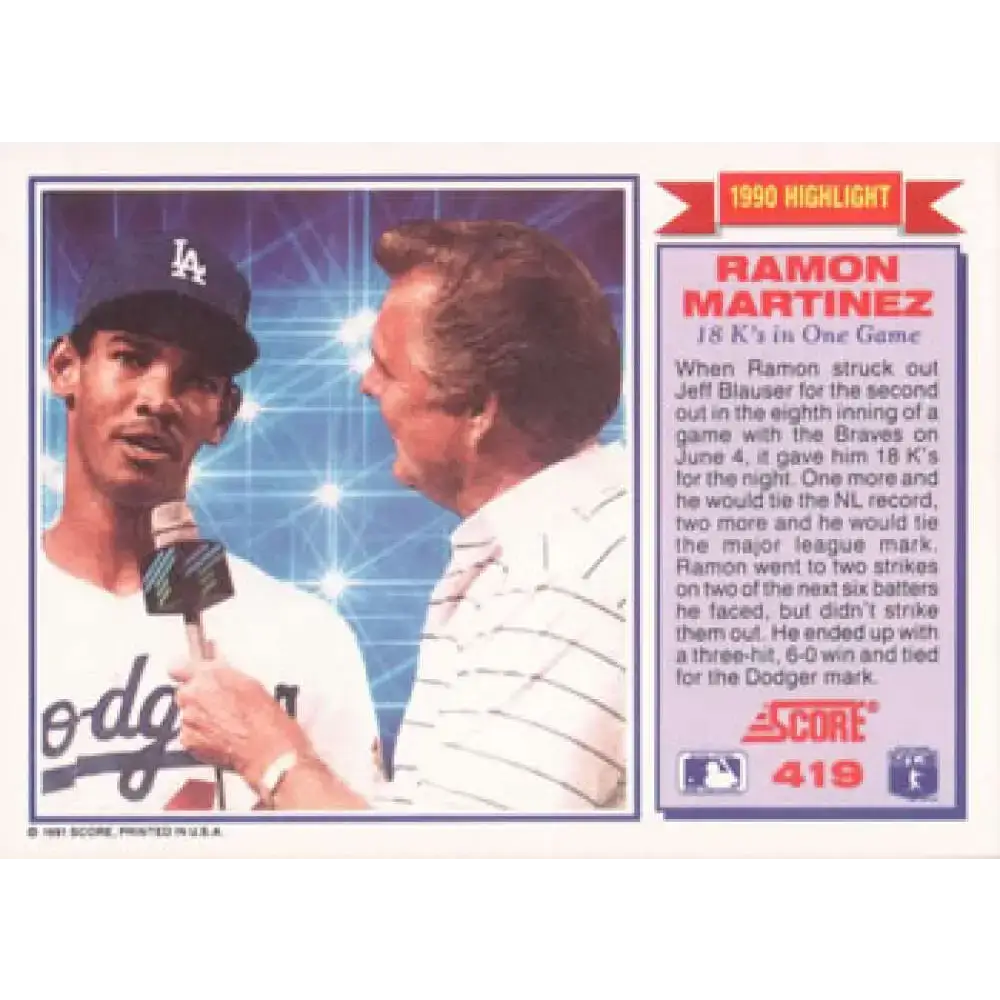 1991 Score #419 Ramon Martinez HL NM-MT Los Angeles Dodgers Baseball Card - Baseball Card Single