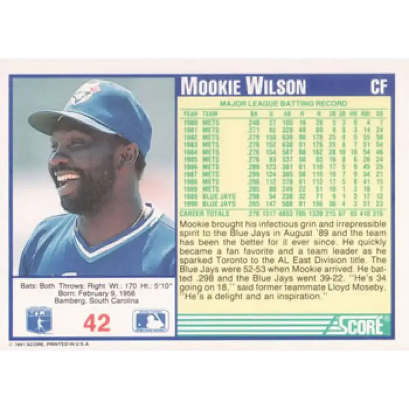 1991 Score #42 Mookie Wilson NM-MT Toronto Blue Jays Baseball Card - Baseball Card Single