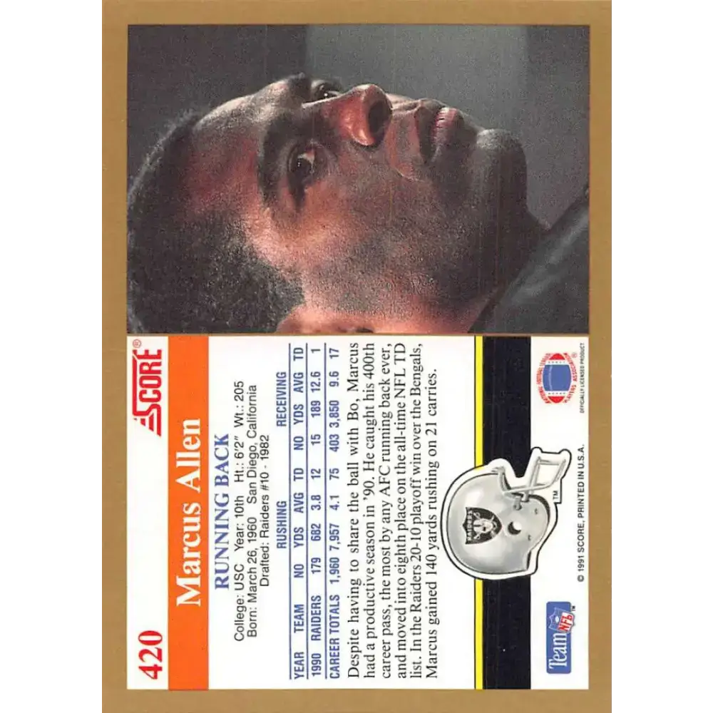 1991 Score #420 Marcus Allen EX Excellent Los Angeles Raiders Football Card - Football Card Single