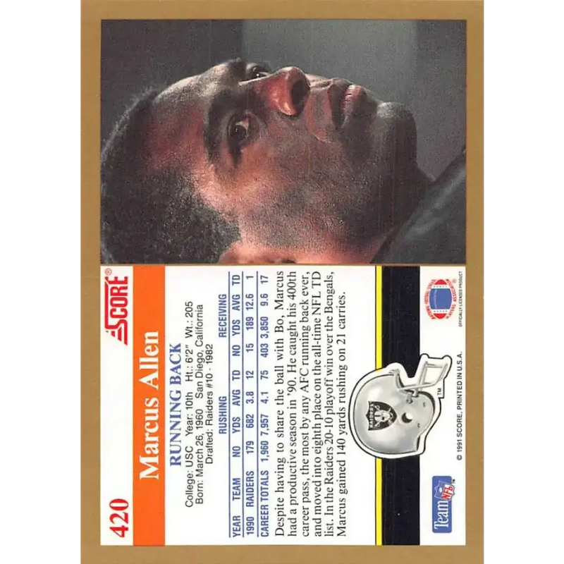 1991 Score #420 Marcus Allen EX Excellent Los Angeles Raiders Football Card - Football Card Single