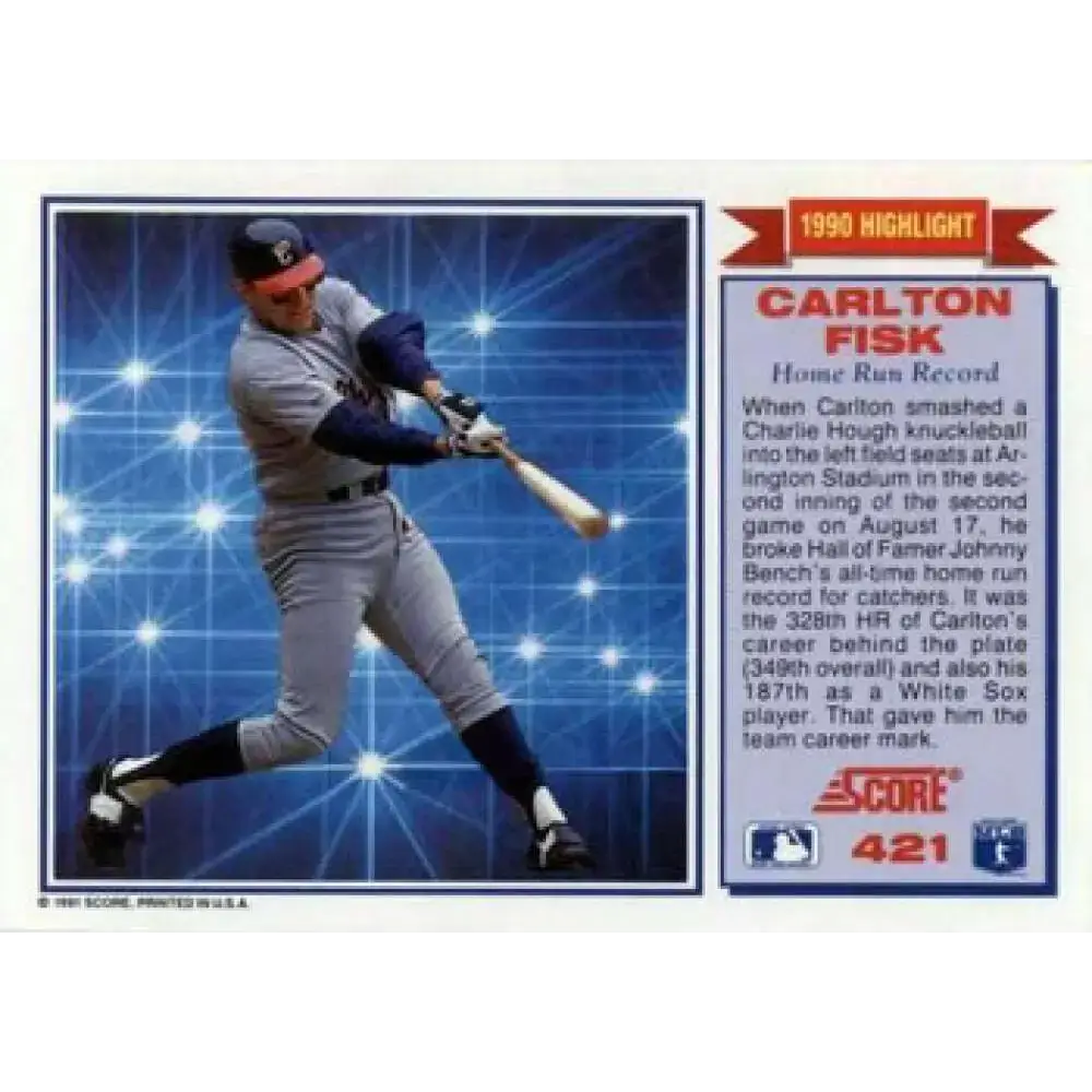1991 Score #421 Carlton Fisk HL NM-MT Chicago White Sox Baseball Card - Baseball Card Single