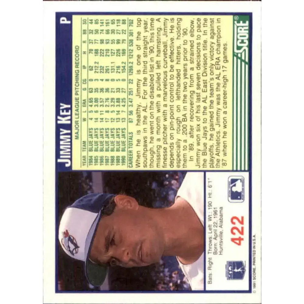 1991 Score #422 Jimmy Key NM-MT Toronto Blue Jays Baseball Card - Baseball Card Single