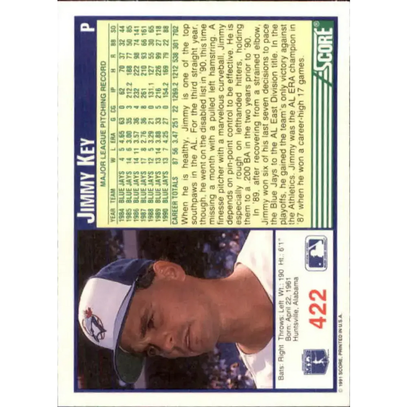1991 Score #422 Jimmy Key NM-MT Toronto Blue Jays Baseball Card - Baseball Card Single