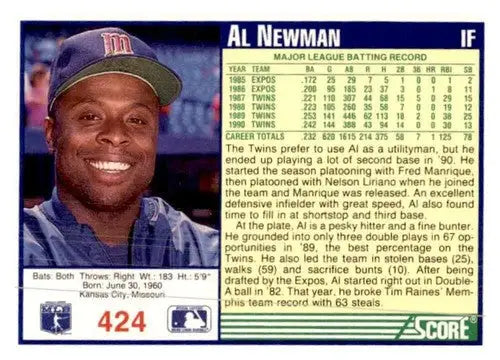 1991 Score Al Newman baseball card showcasing original gloss, perfect for sports cards collectors