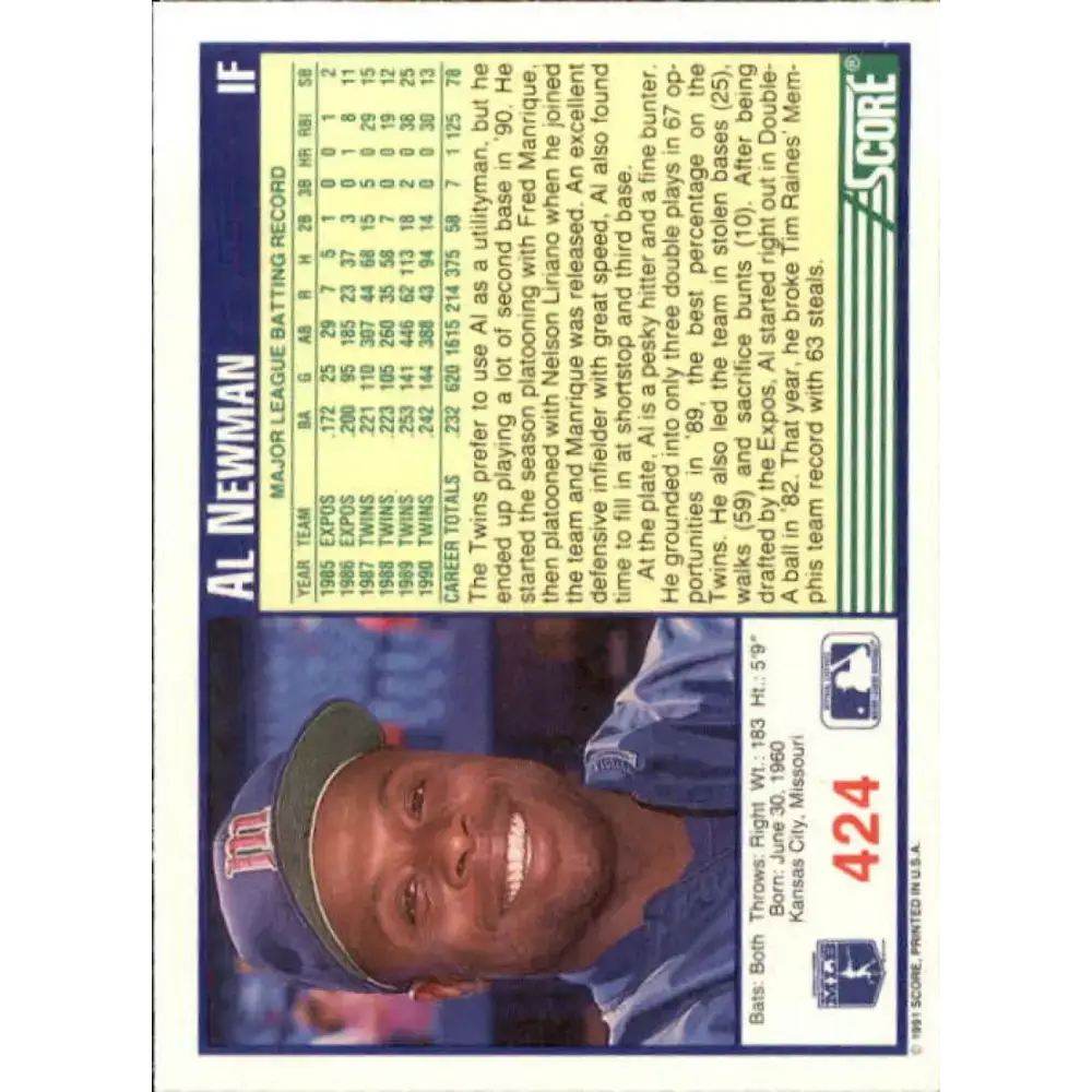 1991 Score #424 Al Newman NM-MT Minnesota Twins Baseball Card - Baseball Card Single