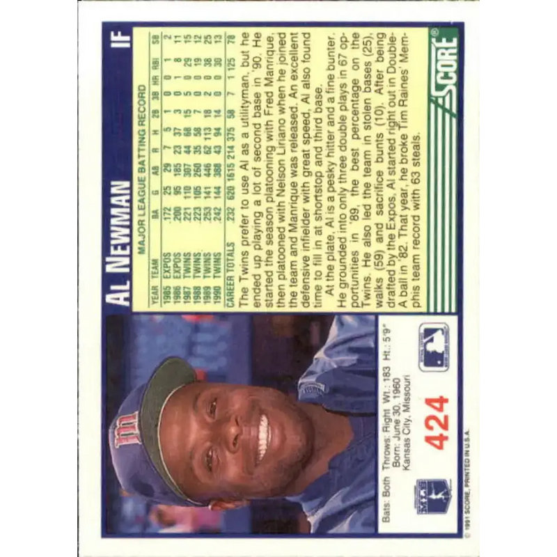 1991 Score #424 Al Newman NM-MT Minnesota Twins Baseball Card - Baseball Card Single