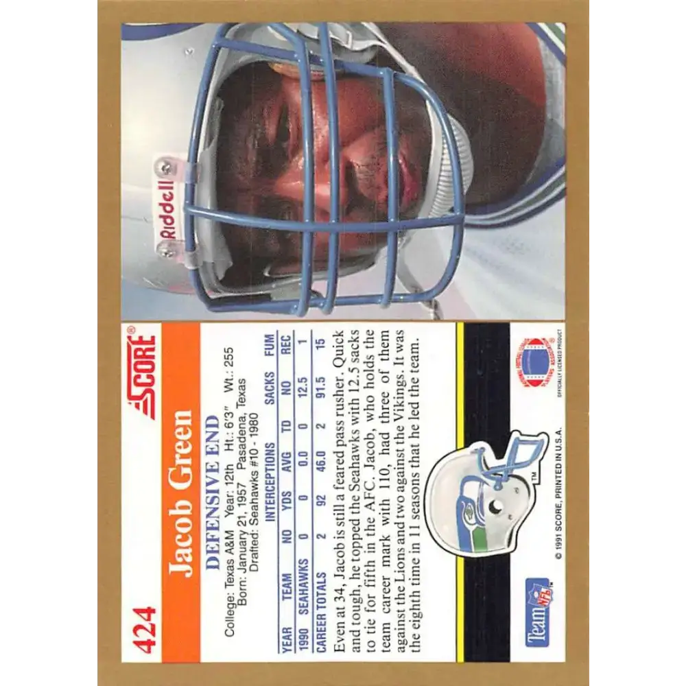 1991 Score #424 Jacob Green EX Excellent Seattle Seahawks Football Card - Football Card Single