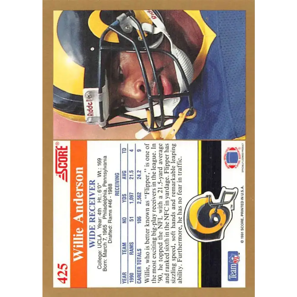 1991 Score #425 Willie Anderson EX Excellent Los Angeles Rams Football Card - Football Card Single