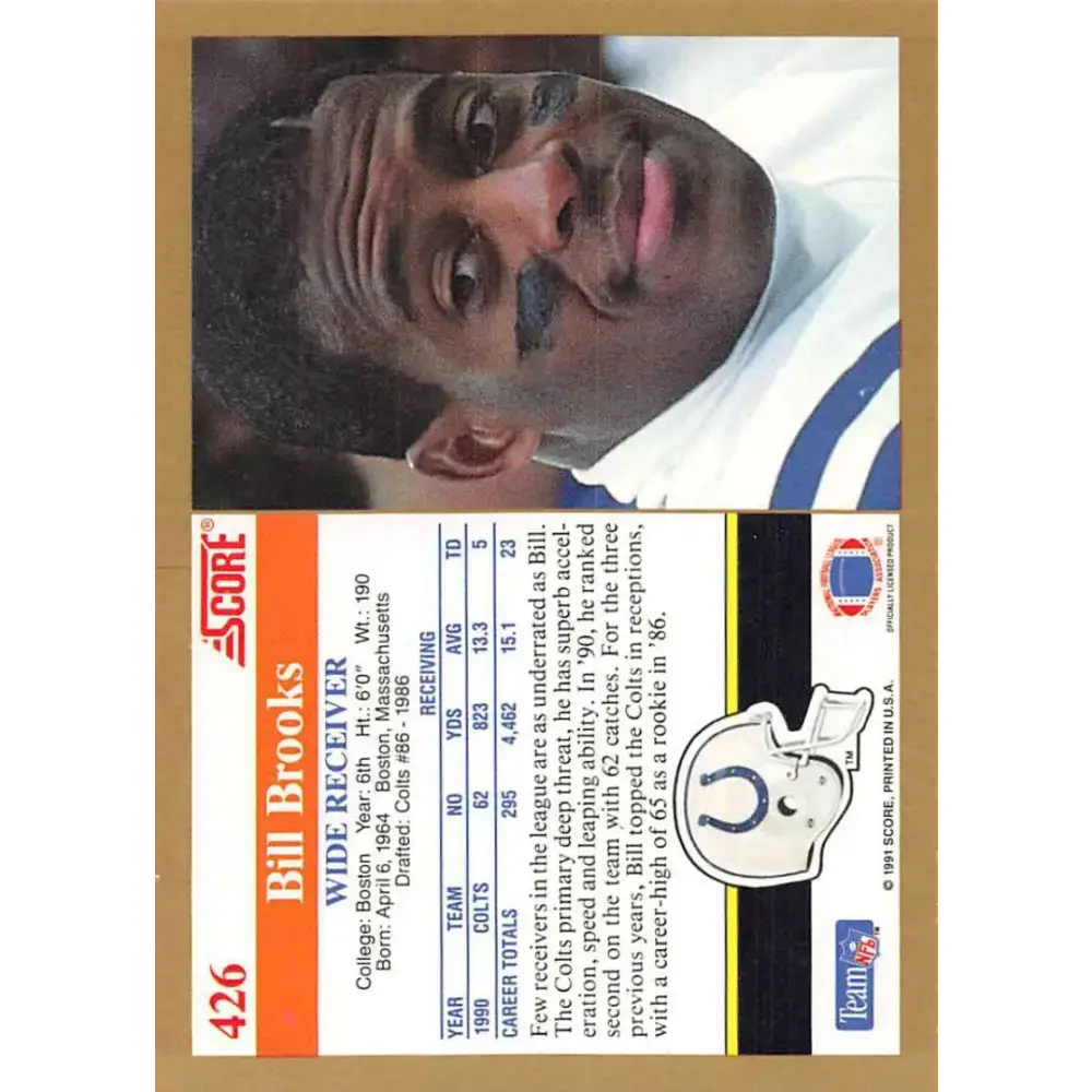 1991 Score #426 Bill Brooks EX Excellent Indianapolis Colts Football Card - Football Card Single