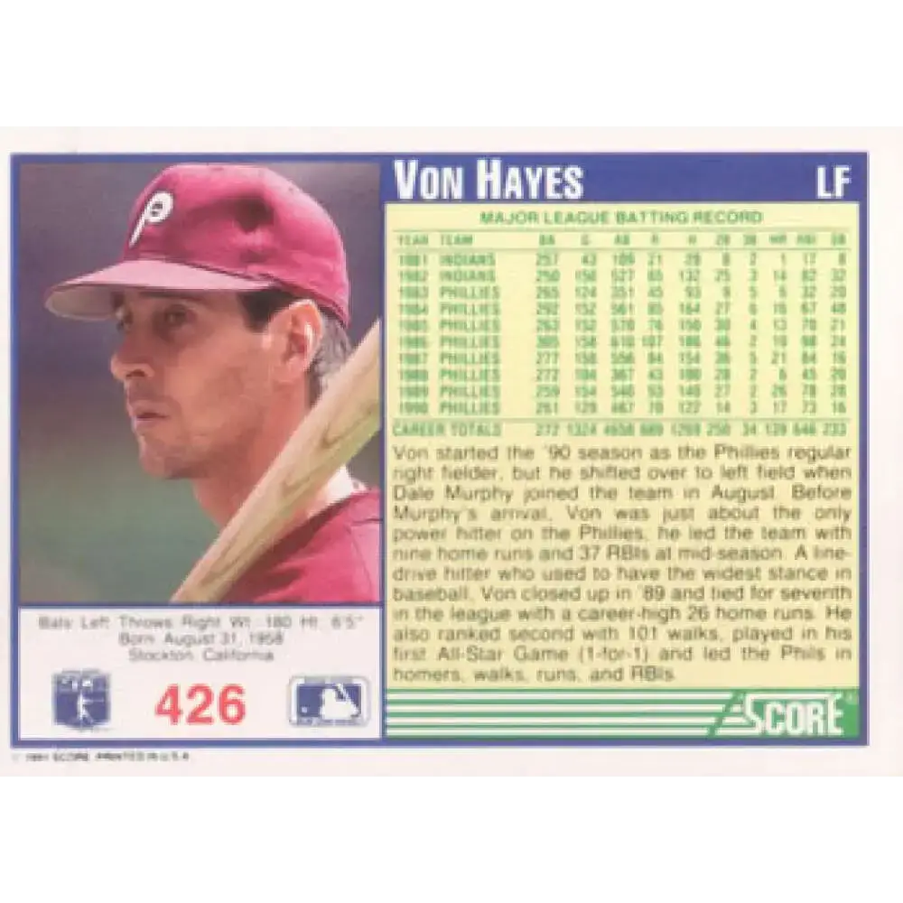 1991 Score #426 Von Hayes NM-MT Philadelphia Phillies Baseball Card - Baseball Card Single