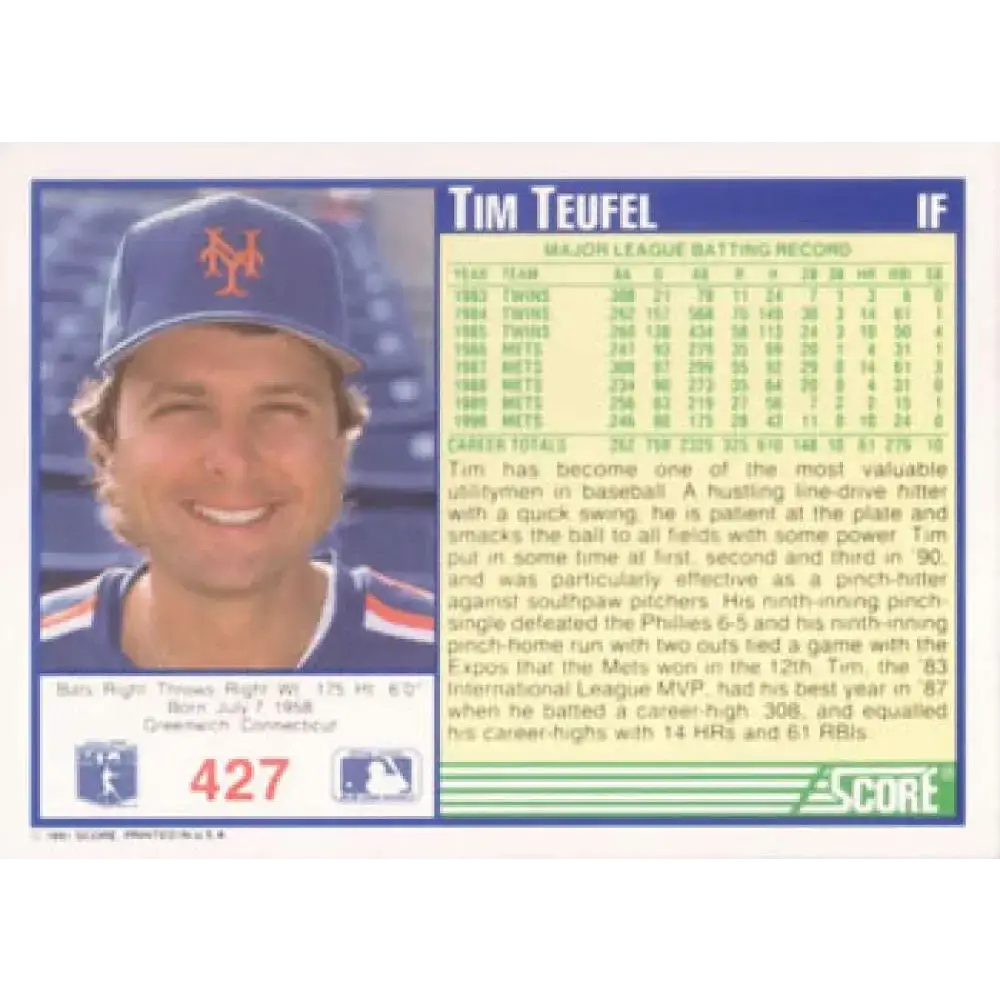 1991 Score #427 Tim Teufel NM-MT New York Mets Baseball Card - Baseball Card Single