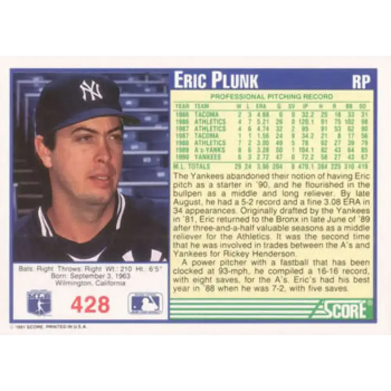 1991 Score #428 Eric Plunk UER NM-MT New York Yankees Baseball Card - Baseball Card Single