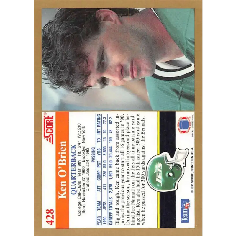 1991 Score #428 Ken O’Brien EX Excellent New York Jets Football Card - Football Card Single