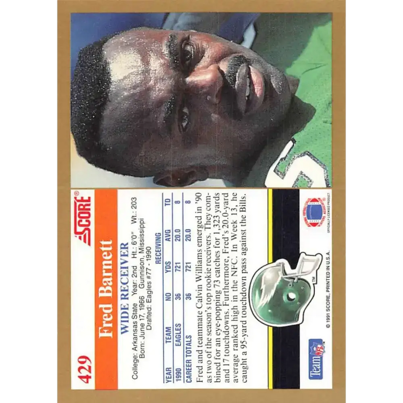 1991 Score #429 Fred Barnett EX Excellent Philadelphia Eagles Football Card - Football Card Single