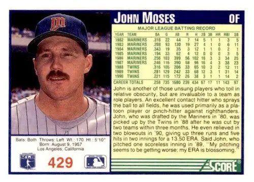 Original gloss John Moses baseball card from 1991 Score #429 highlighting Simply Sandoval