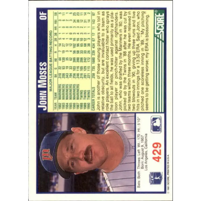 1991 Score #429 John Moses NM-MT Minnesota Twins Baseball Card - Baseball Card Single