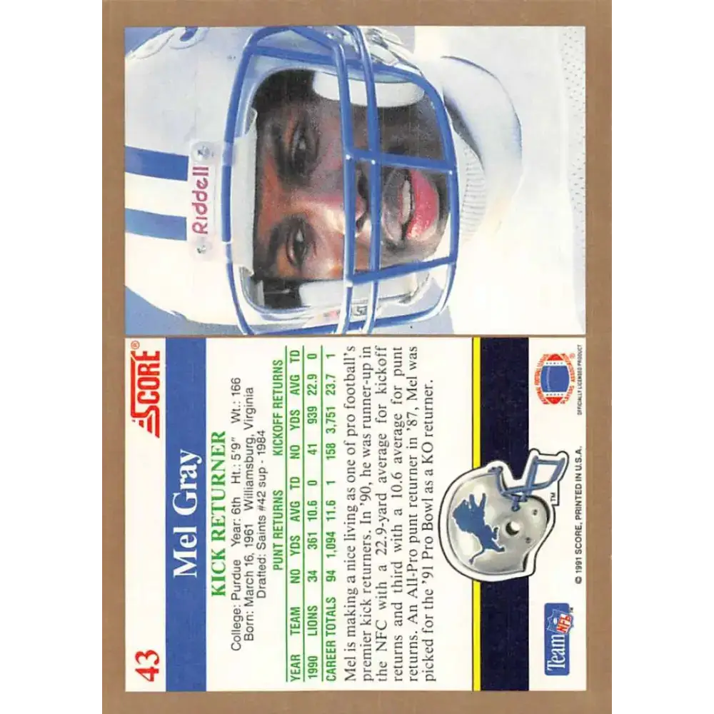 1991 Score #43 Mel Gray EX Excellent Detroit Lions Football Card - Football Card Single