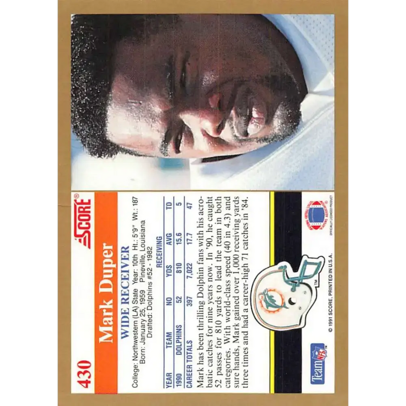 1991 Score #430 Mark Duper EX Excellent Miami Dolphins Football Card - Football Card Single