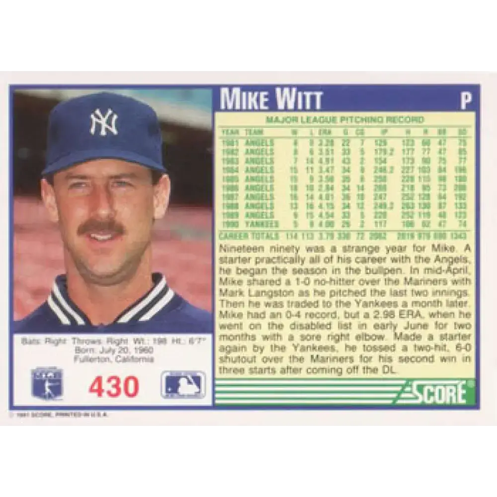 1991 Score #430 Mike Witt NM-MT New York Yankees Baseball Card - Baseball Card Single