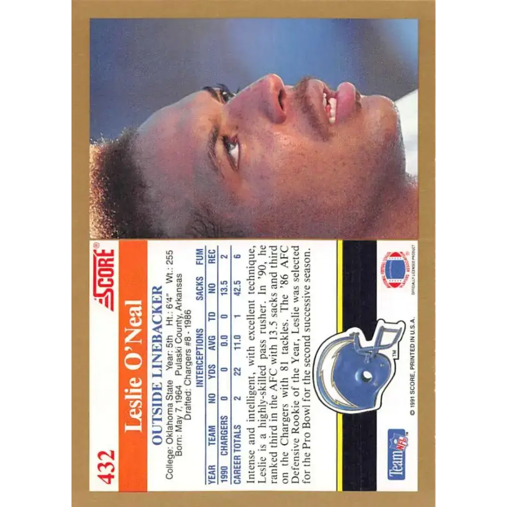 1991 Score #432 Leslie O’Neal EX Excellent San Diego Chargers Football Card - Football Card Single