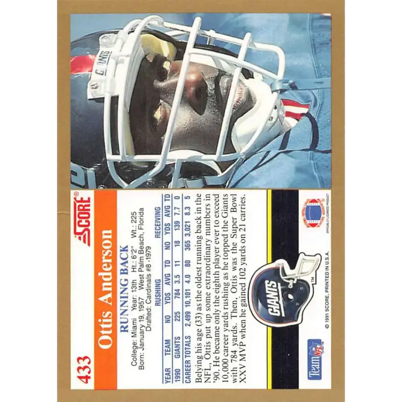 1991 Score #433 Ottis Anderson EX Excellent New York Giants Football Card - Football Card Single