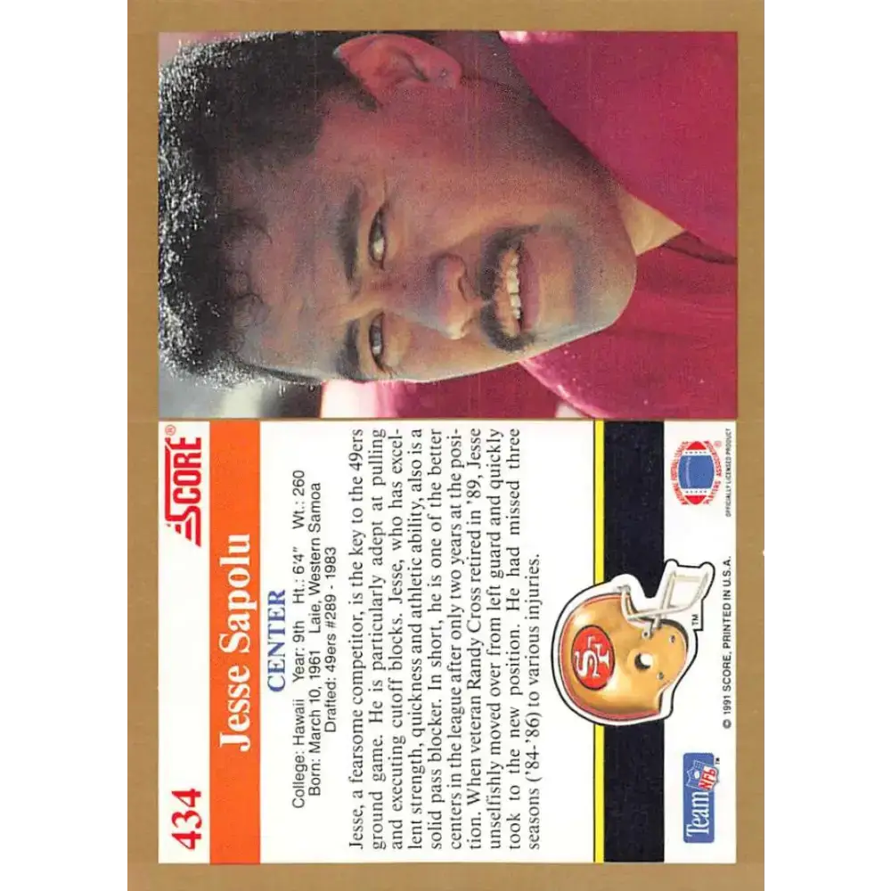 1991 Score #434 Jesse Sapolu EX Excellent San Francisco 49ers Football Card - Football Card Single
