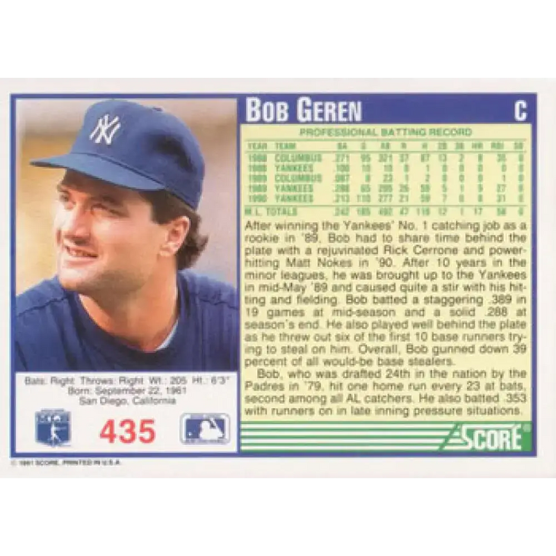 1991 Score #435 Bob Geren NM-MT New York Yankees Baseball Card - Baseball Card Single