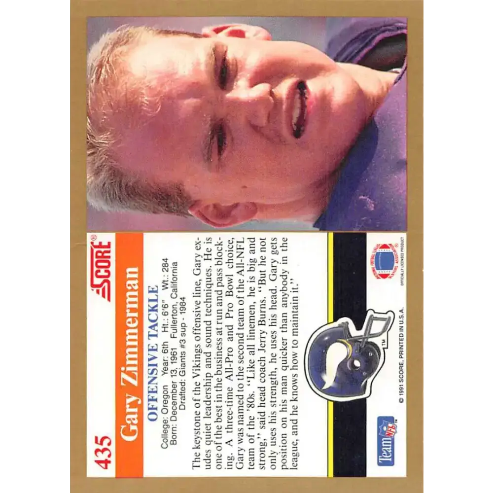 1991 Score #435 Gary Zimmerman EX Excellent Minnesota Vikings Football Card - Football Card Single