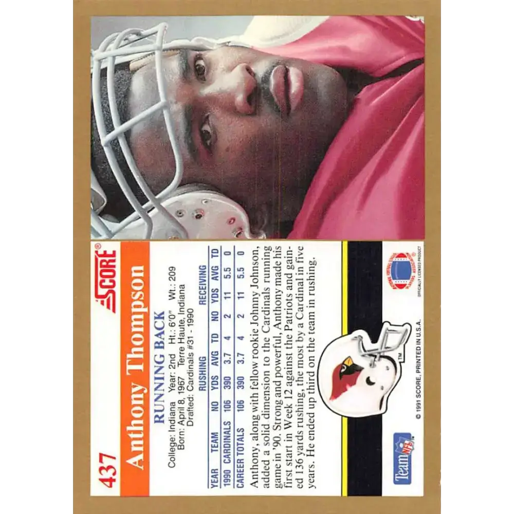 1991 Score #437 Anthony Thompson EX Excellent Phoenix Cardinals Football Card - Football Card Single