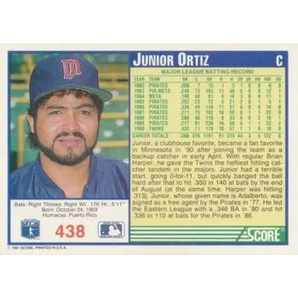 1991 Score #438 Junior Ortiz NM-MT Minnesota Twins Baseball Card - Baseball Card Single